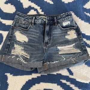 Dark Blue Distressed Stretch Denim Mom Short